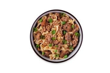 Ground meat spicy ramen noodles in a bowl on a white isolated background