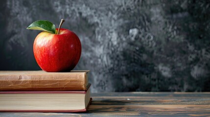 Return to academia Educational setting with books and apple on chalkboard