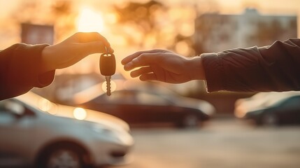 Car keys being handed over to new owner, second hand vehicle purchase or rent