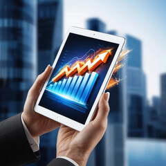 Corporate Businessman holding Tablet with Business analytics concept, financial charts and graphs, business intelligence, profit statistics and finance performance of company.