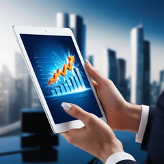 Business Woman holding Tablet with Business analytics concept, financial charts and graphs, business intelligence, profit statistics and finance performance of company.