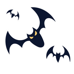 Set of three black bats in flat vector style, isolated on white. Drawing of a nocturnal wild animal in cartoon style. Halloween creepy fauna modern vector illustration