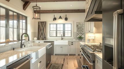 contemporary suburban farmhouse kitchen with high-end appliances, a farmhouse sink, and rustic wooden beams