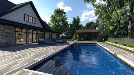 Fototapeta premium contemporary suburban farmhouse with a large backyard pool area, complete with a pool house and landscaped deck