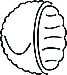 Line drawing of a macadamia nut cracked open to reveal the nut inside