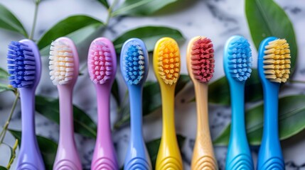 Natural dental care flat lay with blue and purple toothbrushes on copy space background