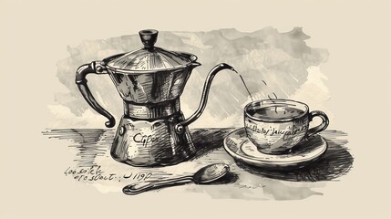 An elegant hand-drawn illustration showing a traditional coffee brewing pot and a cup, capturing a moment of pouring coffee on a neutral blank background. Perfect for antique cafes.