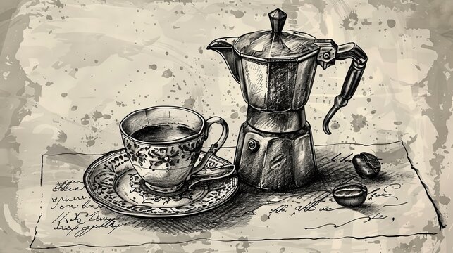 This intricate vintage illustration features an old-fashioned espresso maker alongside a beautifully designed coffee cup and saucer, laying on handwritten notes. Ideal for cafes.
