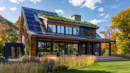 Modern suburban farmhouse with a green living roof, solar panels, and an energy-efficient design