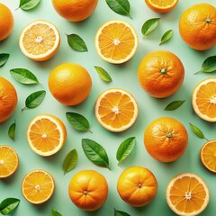 Fresh Oranges and Green Leaves on a Light Green Background. Generative AI