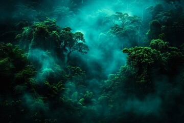 A dark forest with trees and mist.