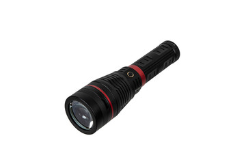 Modern metal LED flashlight in black color. Portable flashlight isolate on a white back