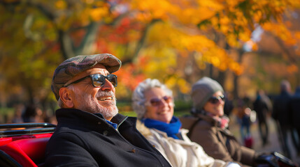elderly tourists enjoying a carriage ride in Central Park, New York in autumn