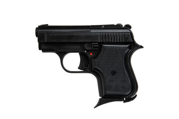 Modern semi-automatic pistol. Small short-barreled weapon for concealed carry. Ladies' pistol. Isolate on white back.