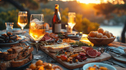 Elegant Outdoor Dinner Party with Gourmet Food & Wine at Sunset Background Wallpaper