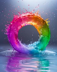 A colorful splash of water with a rainbow ring.