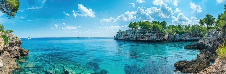 Fototapeta premium Tranquil Coastline with Crystal-Clear Waters and Lush Greenery