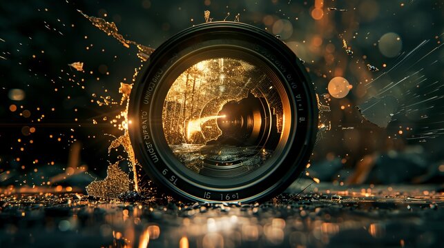 A close-up of a shattered camera lens laying on a reflective surface, adorned with sparks flying around, depicting a dramatic and chaotic yet visually appealing scene. - Powered by Adobe