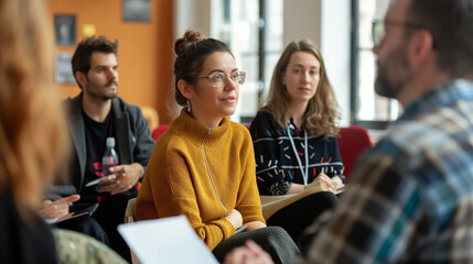 Colleagues giving feedback on the lecture, constructive and involved, bottom third copy space