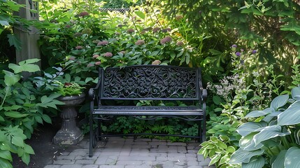 A garden glider bench flanked by a this plant thicket
