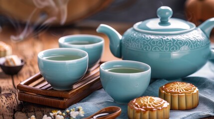 Fototapeta premium Traditional Asian Tea Ceremony with Elegant Teapot and Cups
