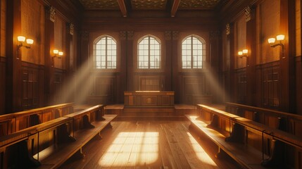 Obraz premium Empty courtroom with polished wooden benches and a judge's bench under the soft glow of courtroom lighting, against a high-quality background of legal books 