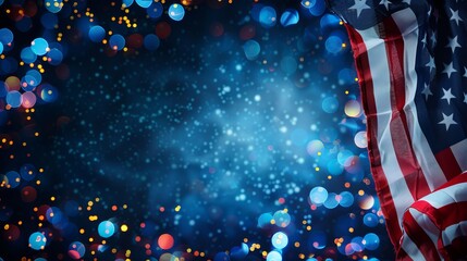 Fototapeta premium An American flag is displayed prominently against a detailed blue festive background with sparkling multi-colored bokeh lights, representing celebration, patriotism, and vibrance.