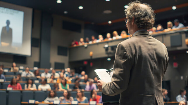 The lecturer delivering closing remarks with a captivated audience, final and summarizing, upper third copy space