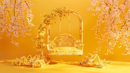 A golden swing chair with flowers on a yellow background