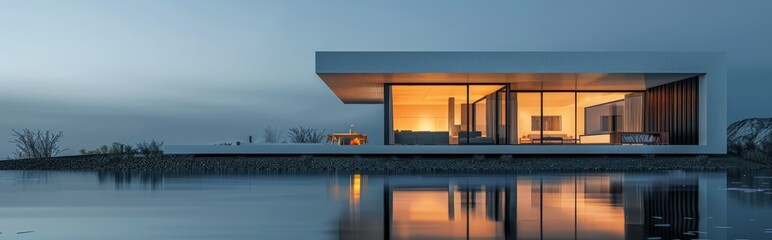 Fototapeta premium Modern Floating Home With Warm Interior Lighting At Dusk