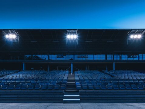 Stadium stands with panoramic views and empty seats, under the soft glow of stadium lights against a backdrop of a vibrant, high-quality market square 