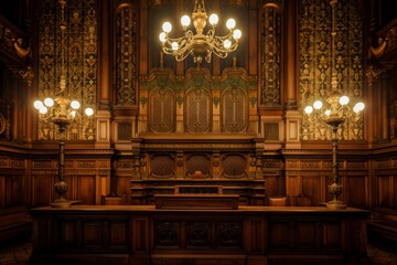 Traditional courtroom setting with ornate wooden paneling and a raised judge's bench, under the warm glow of vintage chandeliers against a richly textured wallpaper background 