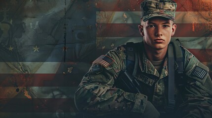 Fototapeta premium A young soldier in uniform poses solemnly with an American flag in the background, symbolizing patriotism, duty, and the deep commitment of military service personnel.