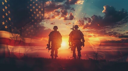 Fototapeta premium Two soldiers silhouetted against a beautiful sunset, with the American flag gently waving in the background, representing bravery, sacrifice, and national pride in a serene setting.