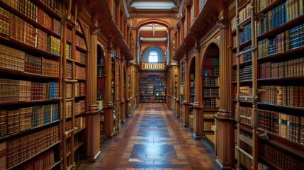 Fototapeta premium Grand Historical Library Interior with Tall Wooden Shelves Filled with Books and Ornate Architectural Details