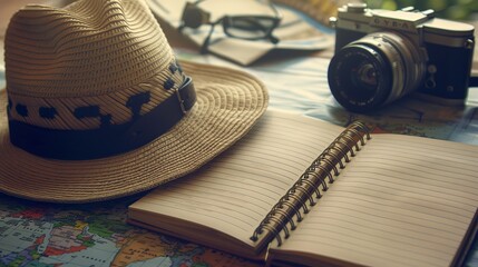 Travel essentials including a straw hat, vintage camera, and open notebook laid out on a world map, depicting adventure, exploration, and the excitement of new journeys.