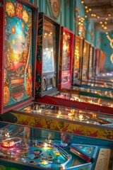 Vintage pinball machines with vibrant lights in an arcade setting, showcasing classic designs