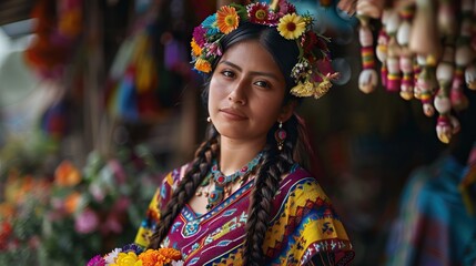 Fototapeta premium Indigenous woman in colorful dress holding flowers from Zunil.