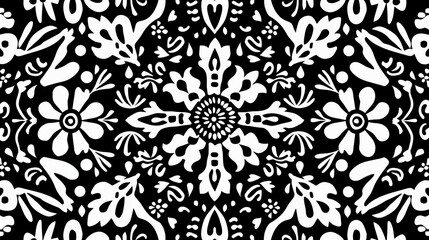 A striking monochrome pattern featuring intricate Mexican folk art with floral elements, showcasing detailed craftsmanship and traditional artistic motifs in black and white.