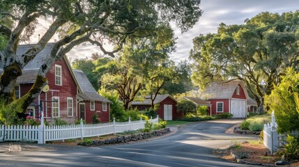 suburban farmhouse with a traditional red barn, surrounded by a white picket fence and mature oak trees