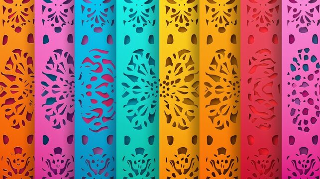 Vertical arrangements of colorful paper cut patterns creating a stunning visual effect, reflecting creativity and artistic elegance with a seamless transition across the rainbow gradient.