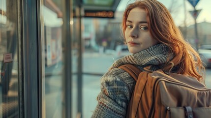 Portrait of a young woman with books and backpack at a bus stop.