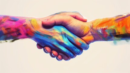 Two colorfully painted hands shaking on a pastel background, symbolizing collaboration and support in business or personal life.