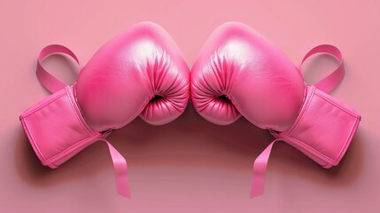 This image showcases two pink boxing gloves positioned facing each other against a pink background, highlighting their texture and color in a vibrant and dynamic manner.