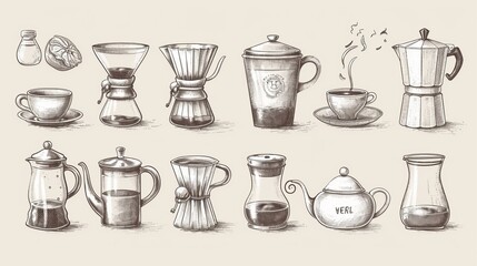 Hand-drawn collection depicting various coffee brewing methods and accessories including carafes, cups, filters, and more. Perfect for coffee enthusiasts and baristas.