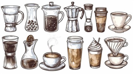 This beautifully illustrated image showcases a collection of coffee-related items including cups, mugs, coffee makers, and pots, celebrating coffee culture and the joy of brewing perfect coffee.