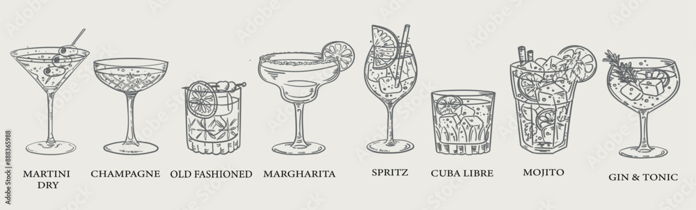 Wall mural beautiful hand drawn collection of drinks and cocktails - vector illustration