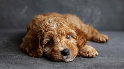 Puppy photographed in studio against gray backdrop