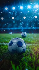 Fototapeta premium A soccer ball on the grass at night.
