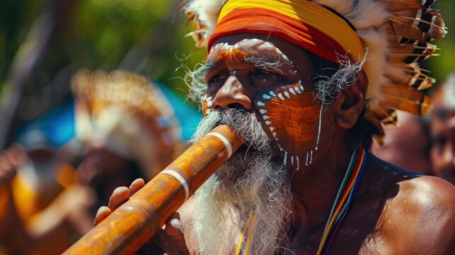 Aboriginal men perform traditional music in Queensland  Australia.